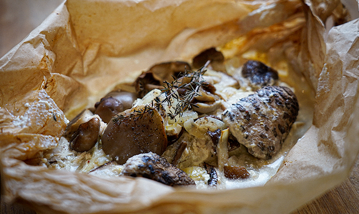 Papillote lieu noir et champignons